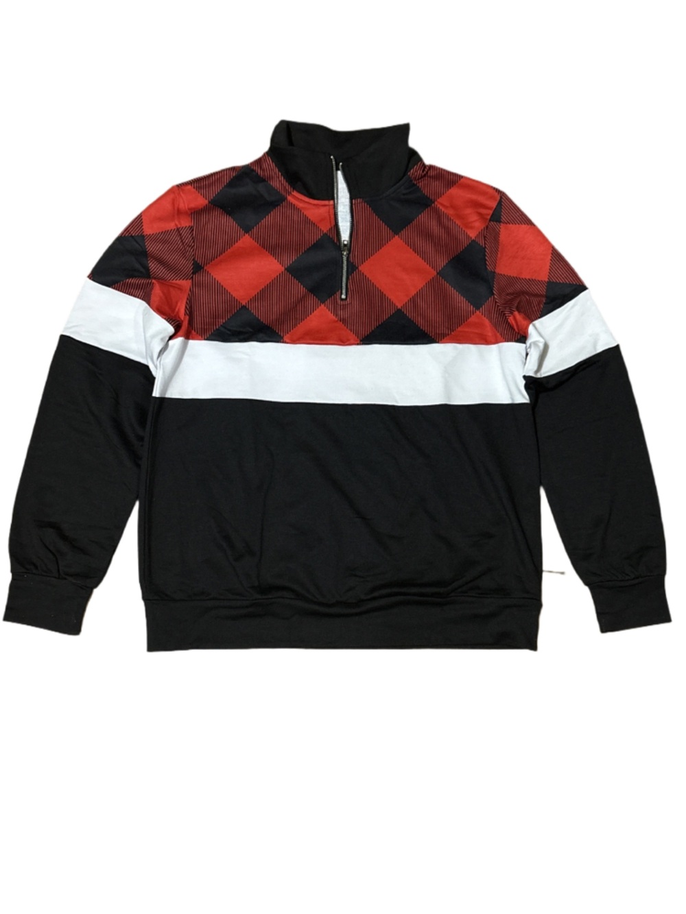 Women’s half zip Colorblock Pullover with Red Buffalo Plaid